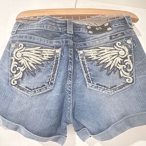 Miss Me Light Blue Jean Shorts with Wing Embroidery
